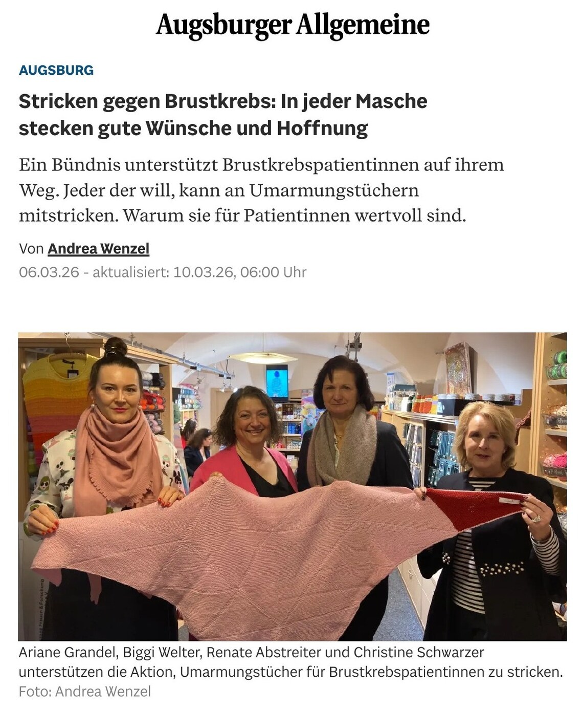 Augsburger Allgemeine, 06.03.2026: Stricken gegen Brustkrebs, in jeder Masche stecken gute Wünsche und Hoffnung